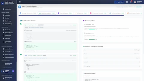 Agent Execution Details showing Tool Execution Timeline with API calls to data providers (LiveRamp, Oracle, Experian, TransUnion, Polk), segment similarity calculations using cosine similarity algorithm, Reasoning Chain with observation and conclusion steps, and Audience Intelligence agent summary with confidence scores.