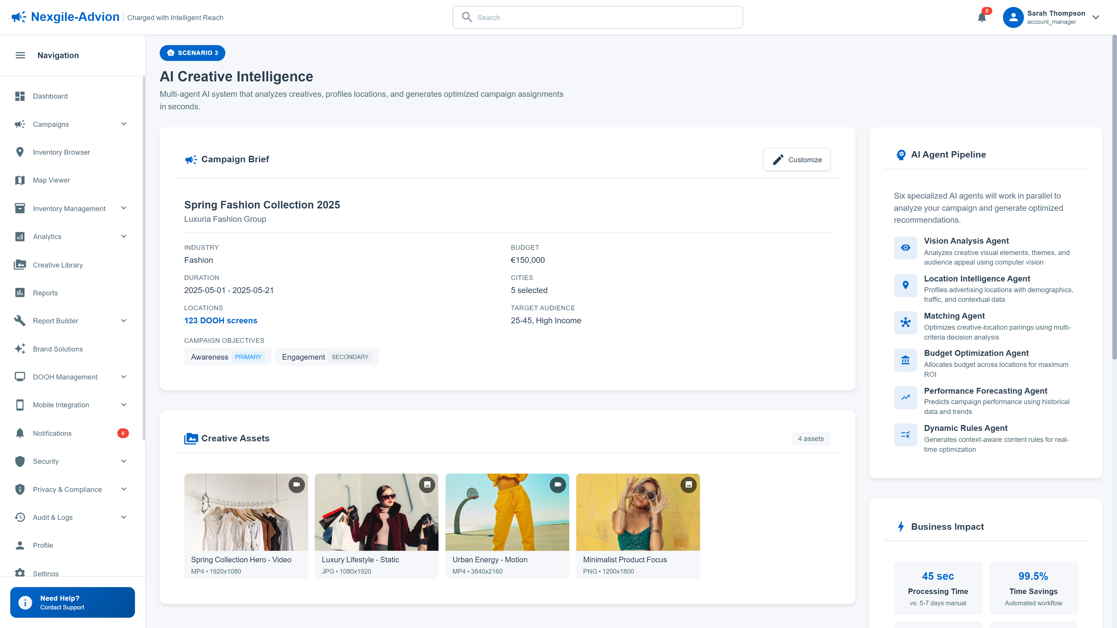 AI Creative Intelligence input screen with campaign brief, creative assets, and agent pipeline for automated creative-location matching