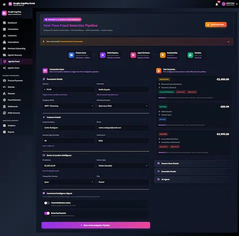 Real-Time Fraud Detection Pipeline interface showing transaction input form with customer details, device intelligence, contextual signals, and pre-configured test scenarios across different risk levels for AI investigation.