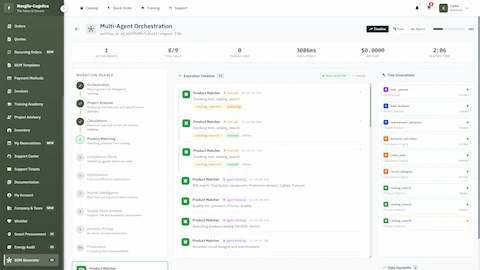 Multi-agent orchestration workflow showing 9 specialized agents processing BOM generation phases