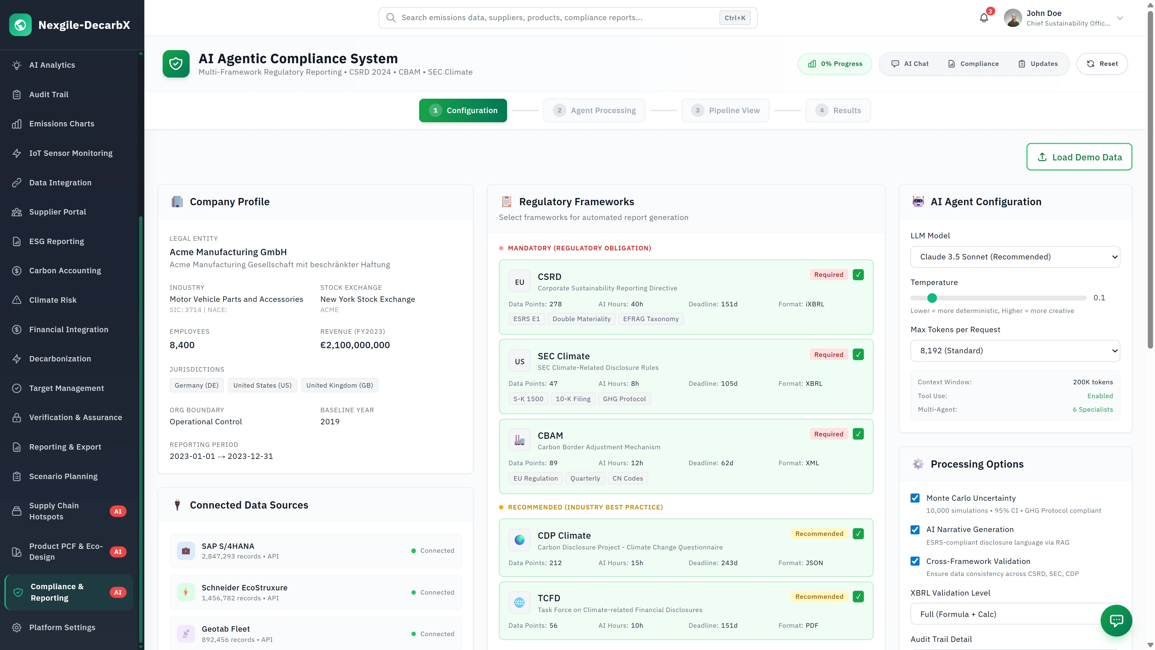 AI Agentic Compliance System - Configuration interface with company profile, connected data sources, regulatory frameworks (CSRD, SEC, CBAM, CDP, TCFD), and AI agent settings.