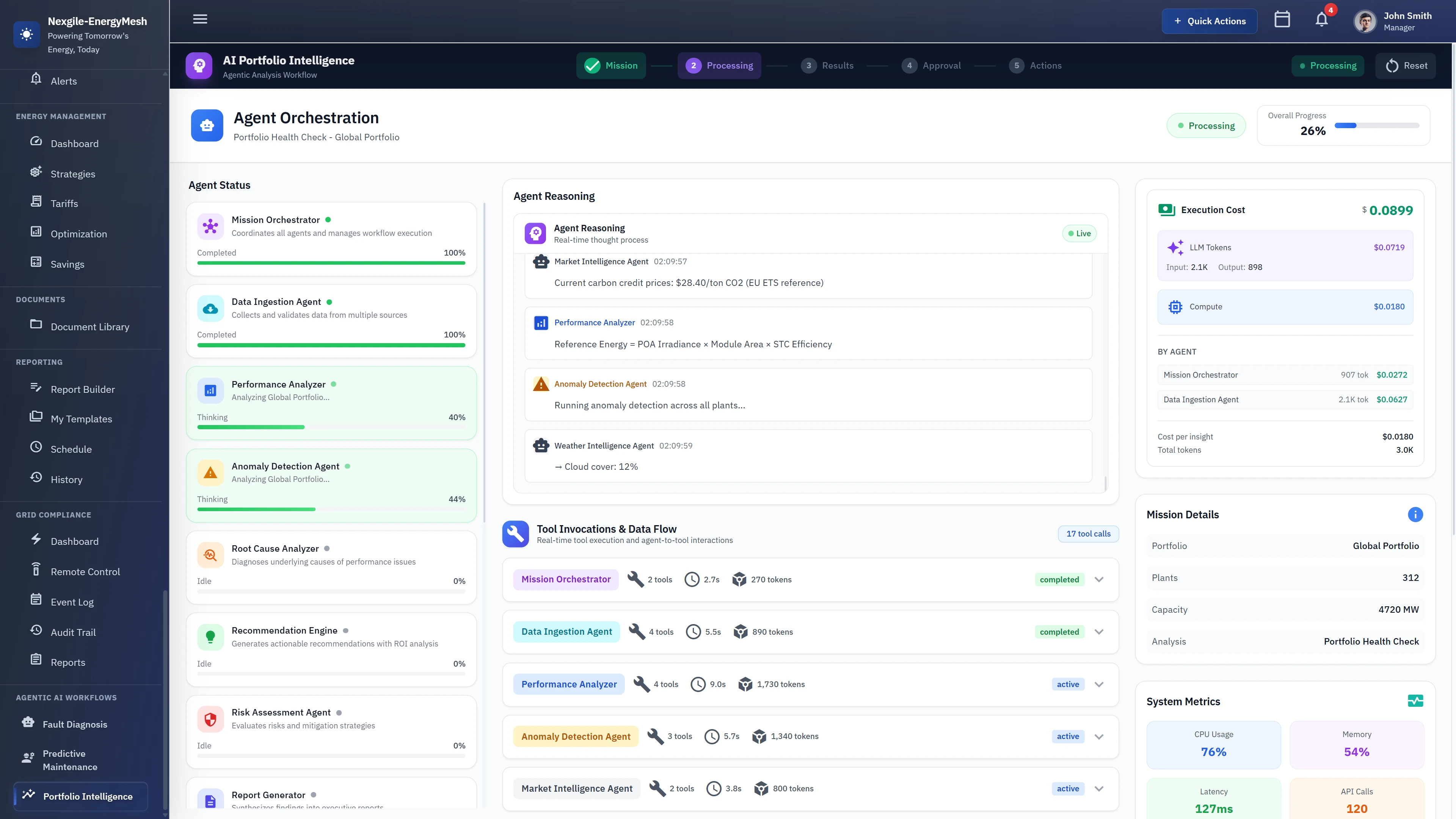 Agent Orchestration - Real-time portfolio health analysis with 14-agent coordination and live reasoning stream