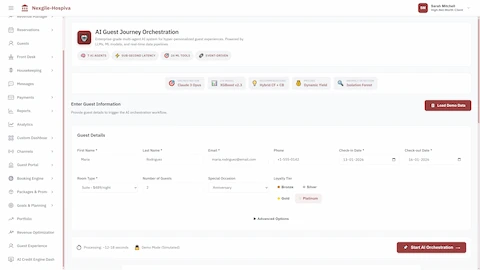 Guest journey orchestration input form with 7 AI agents, ML model architecture, and guest booking details for personalized experience generation