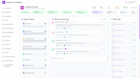 Multi-agent compliance analysis dashboard showing 10 AI agents working in parallel with real-time status indicators, agent activity log with benchmark analyst and scenario planner actions, live API calls monitoring, and workflow phase progression from initialization through final report generation