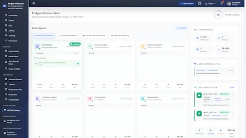 AI Agent Orchestration - Real-time visualization of 9 specialized agents collaborating with metrics, API calls, and tool execution status
