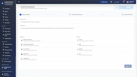 Service Request Form - Create new request with category selection (Equipment Failure, Maintenance, Procurement, Inspection) and priority levels