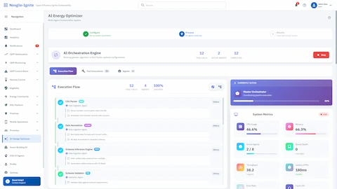AI Orchestration Engine - Real-time execution flow showing agent coordination with system metrics and performance indicators
