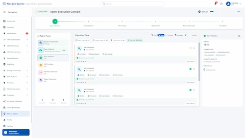 Agent Execution Console - Live workflow monitoring showing multi-agent collaboration through data collection and ESG analysis phases