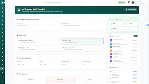 Campaign configuration interface with audit type selection, timeline parameters, and 7-agent AI orchestration setup