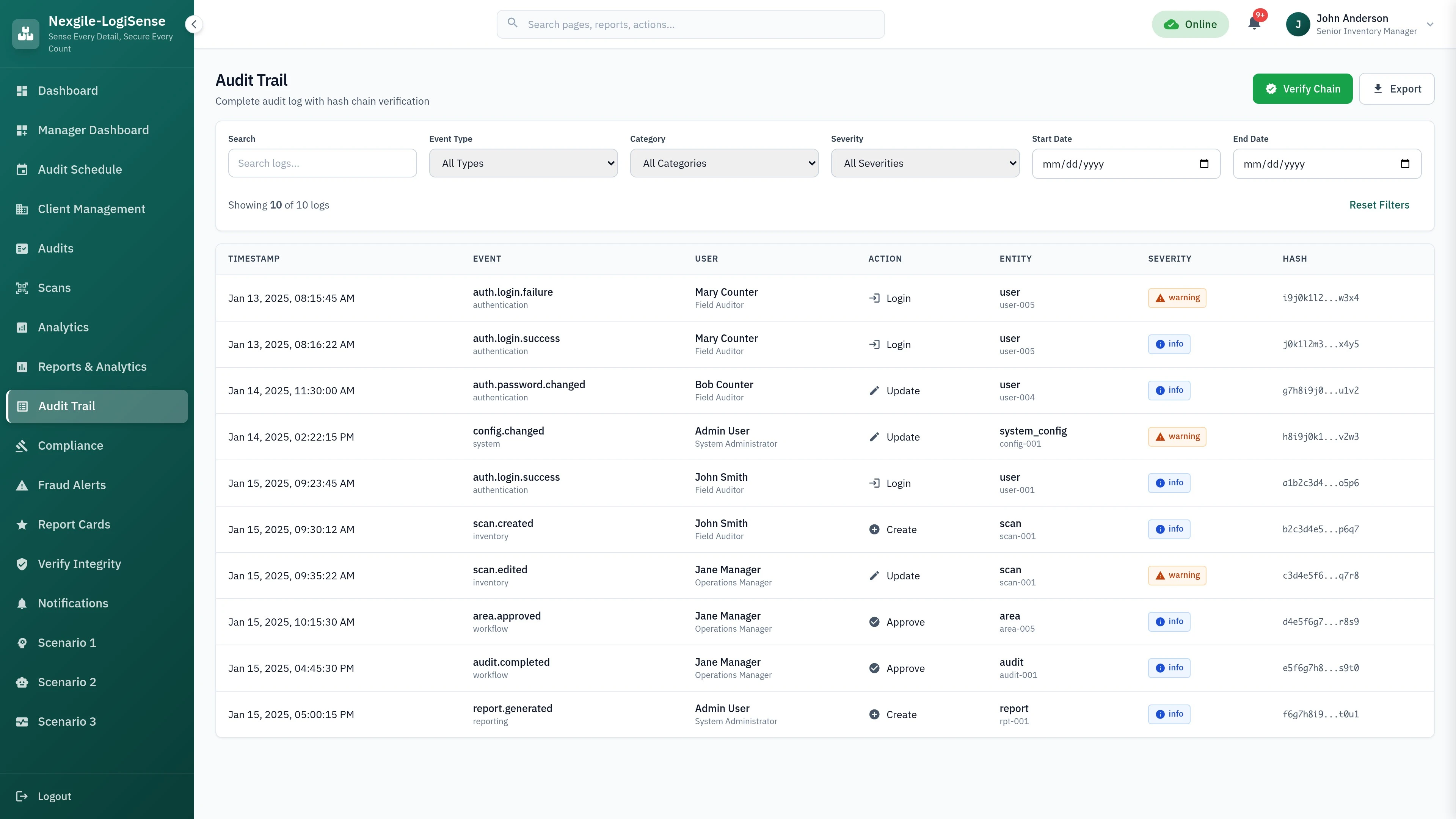 Audit Trail interface showing comprehensive audit compliance tracking