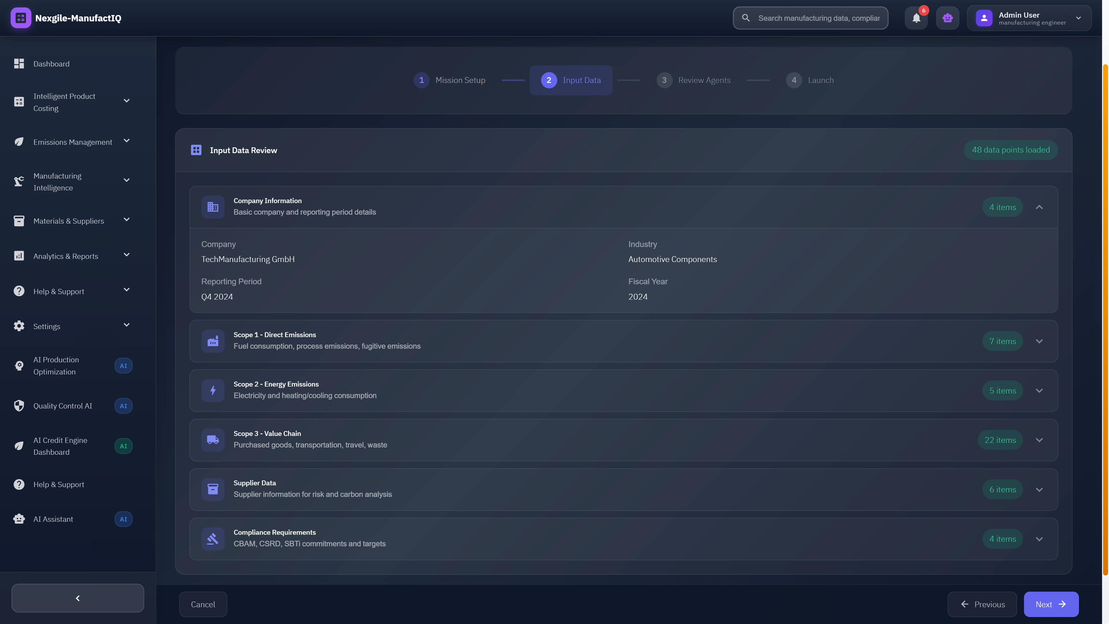 Mission input data review interface organizing company information, Scope 1/2/3 emissions data, supplier details, and compliance requirements for comprehensive carbon analysis