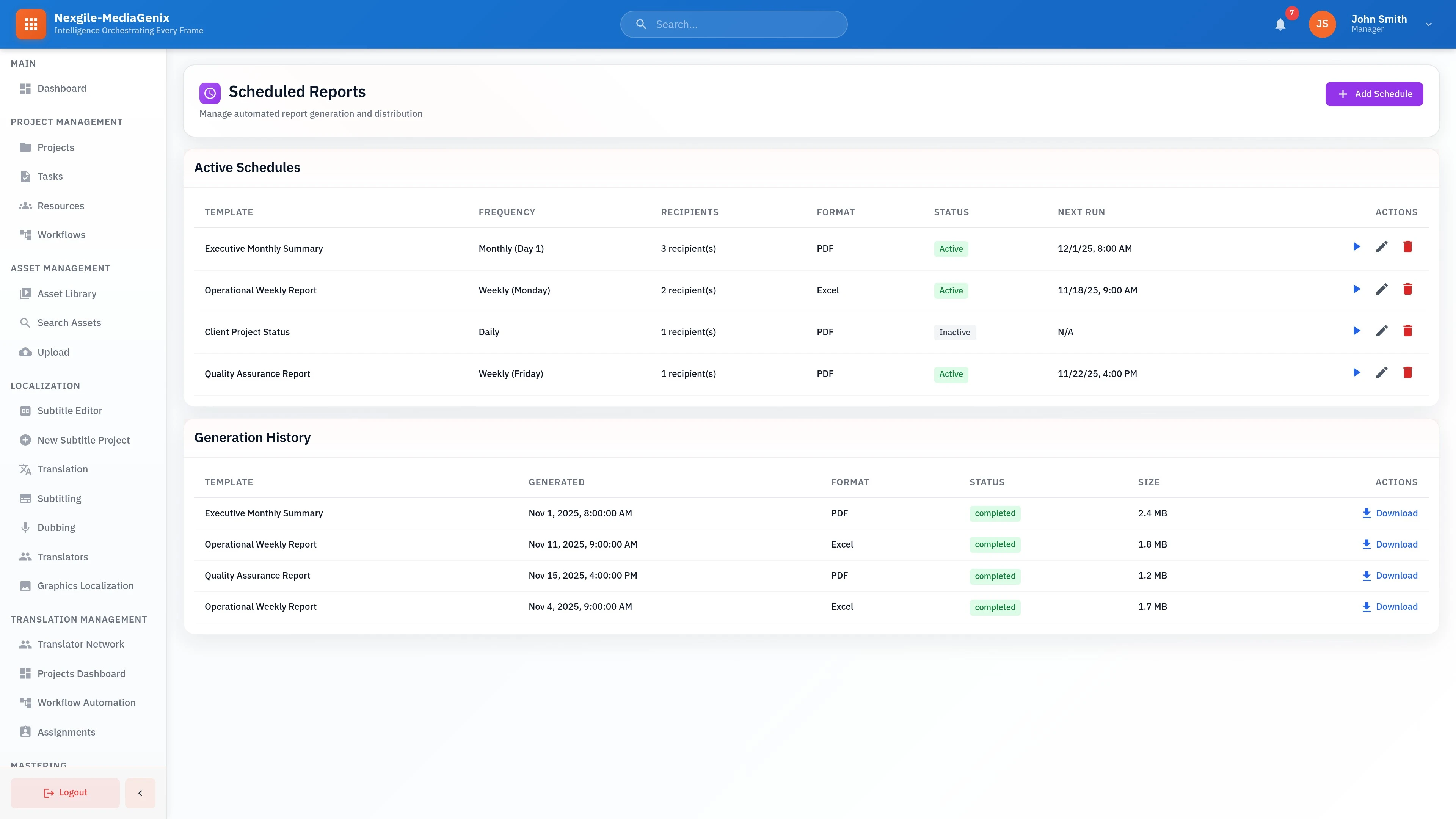 Analytics - Scheduled Reports: Comprehensive reporting dashboard for managing automated report generation and distribution across the platform