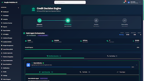 Multi-agent orchestration showing credit decision workflow with real-time data collection and analysis