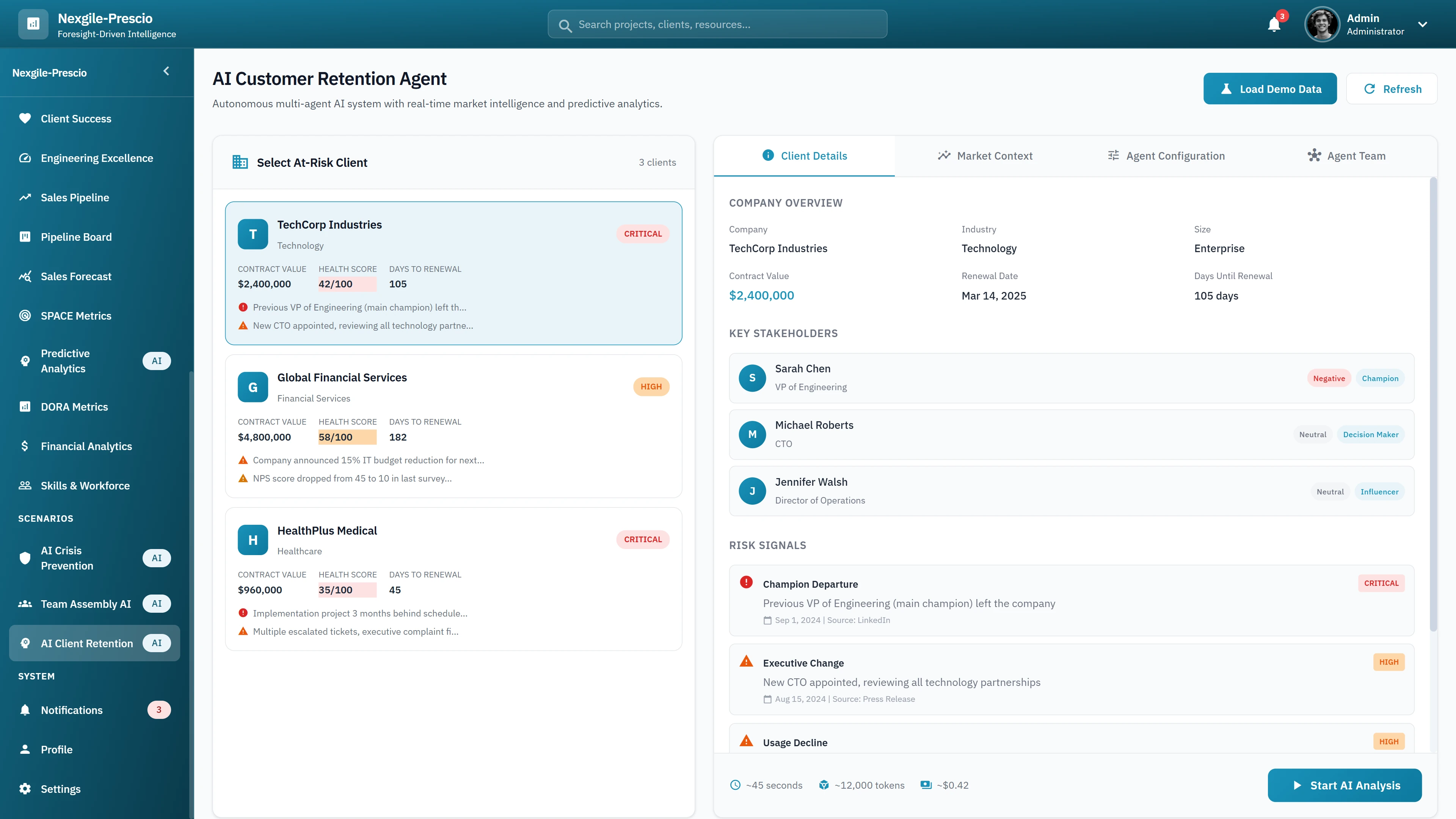 AI Customer Retention Agent - At-risk client selection with company overview, key stakeholders mapping, and risk signals including champion departure