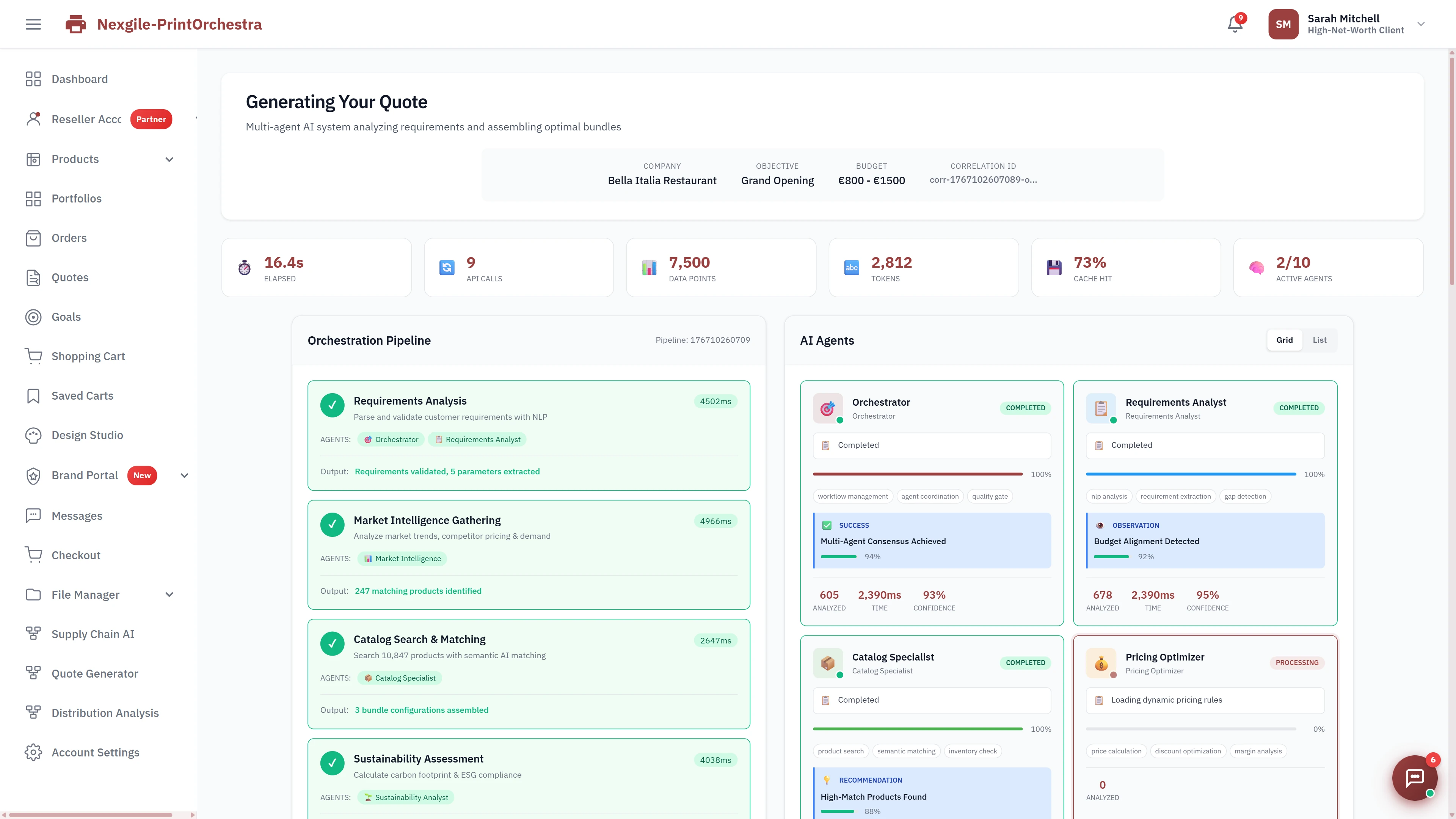 Multi-agent quote generation in progress showing orchestration pipeline stages (Requirements Analysis, Market Intelligence, Catalog Search, Sustainability Assessment) with real-time AI agent status and performance metrics.