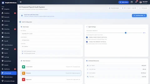 Payroll Audit Configuration - Date scope, risk tolerance settings, and agent configuration options