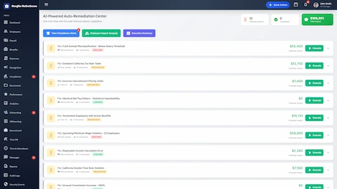 Auto-Remediation Center - Compliance alerts with one-click fix options and financial impact