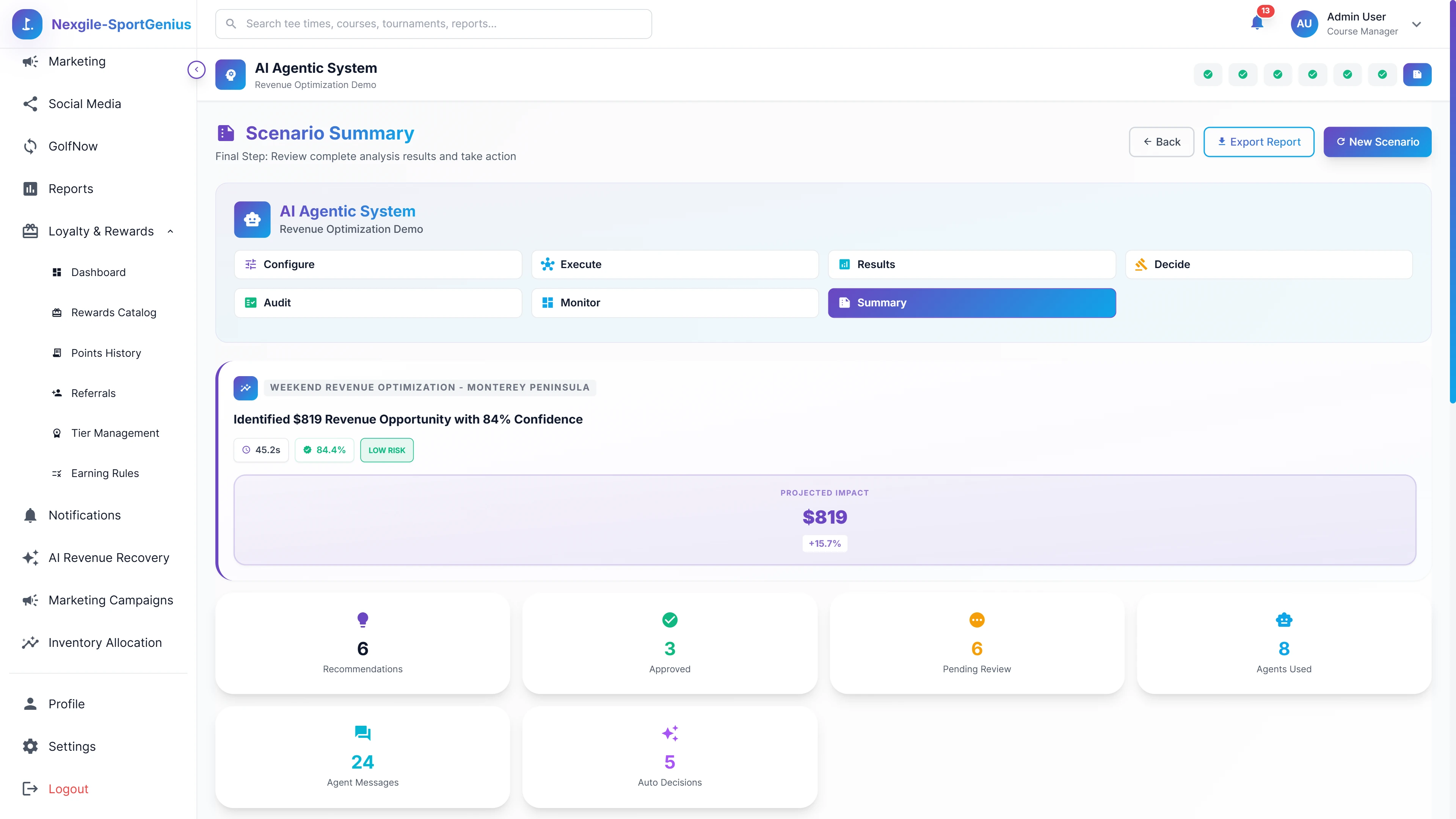 Scenario Summary - Complete analysis review with identified revenue opportunities, confidence scores, and comprehensive recommendation breakdown
